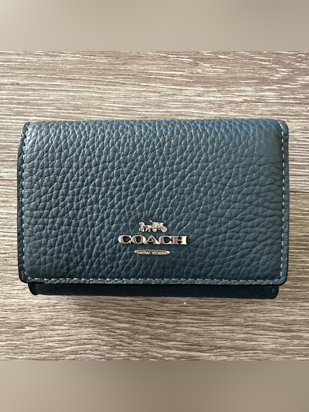 Coach Pebbled Leather Bifold Wallet - Dark Blue with Gold Logo